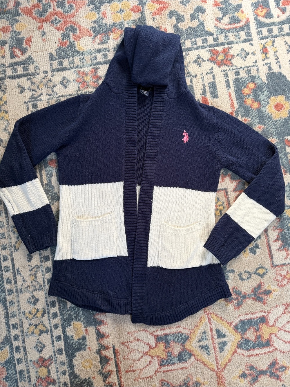 U.S. Polo Assn. kids Navy & White Hooded Cardigan with Pink Logo